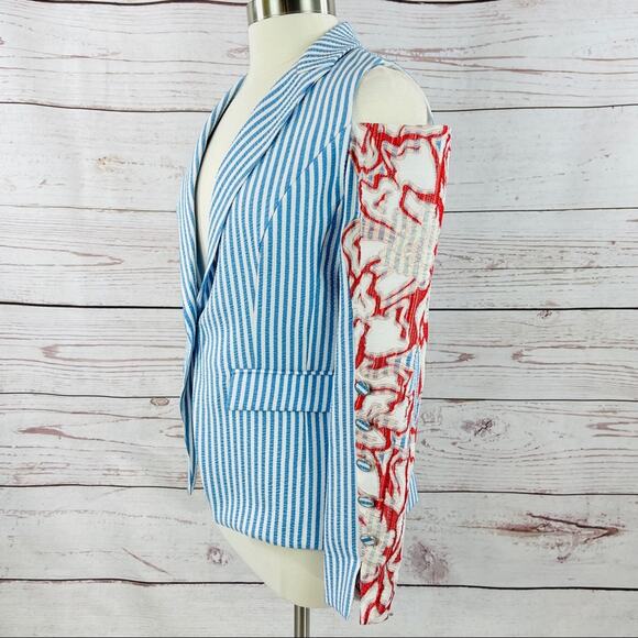 Alberto Makali open shoulder seersucker stripe blue white blazer - Picture 6 of 13